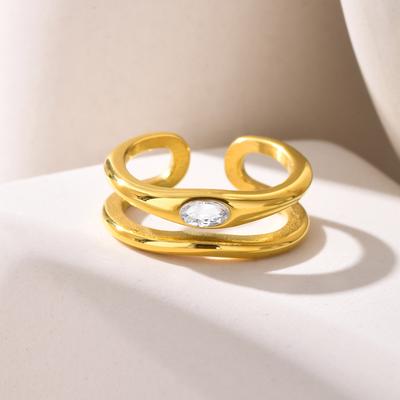 Double-layer Hollow Open Zirconia Rings for Women, Gold Plated Stainless Steel Finger Ring, Luxury Waterproof Jewelry