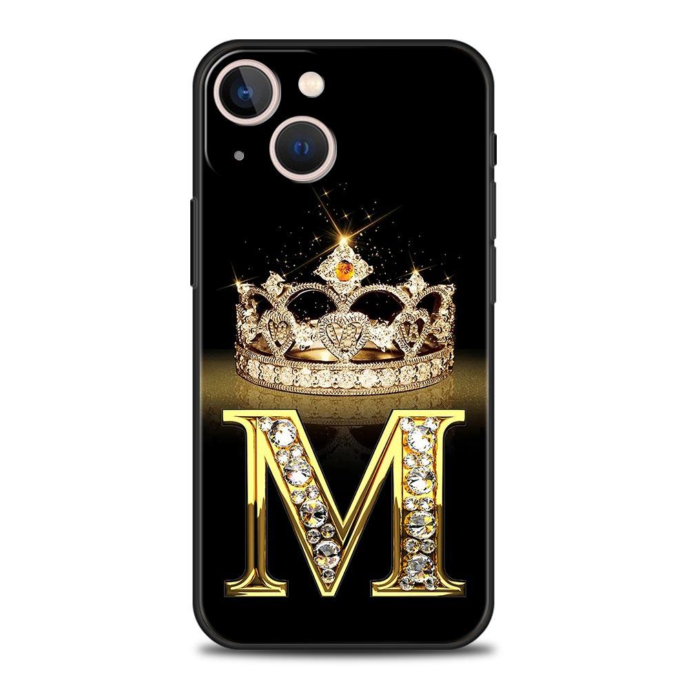 Diamond Crown Letter 26 Letters Phone Case For iPhone 17 16E 15 16 14 13 12 11 Pro Max 7 8 Plus Soft TPU Back Cover