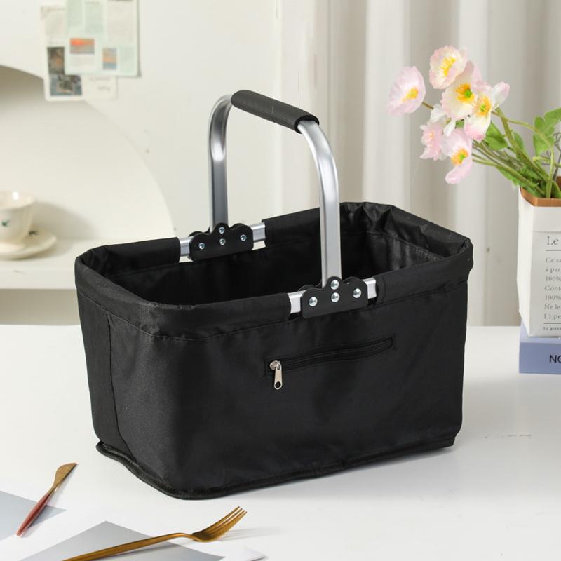 Foldable Aluminum Frame Basket With Large Zippered Side Pockets, Foldable Oxford Cloth Shopping Tote Bag, Insulated Picnic Bag