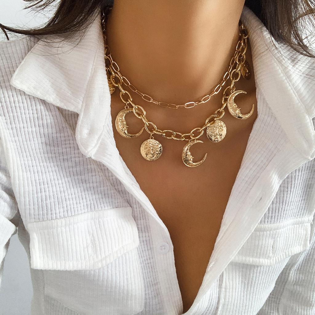 Accessories, Personalized Chain Double Necklace, Retro Relief Portrait Crescent Moon Pendant, Tassel Necklace Female