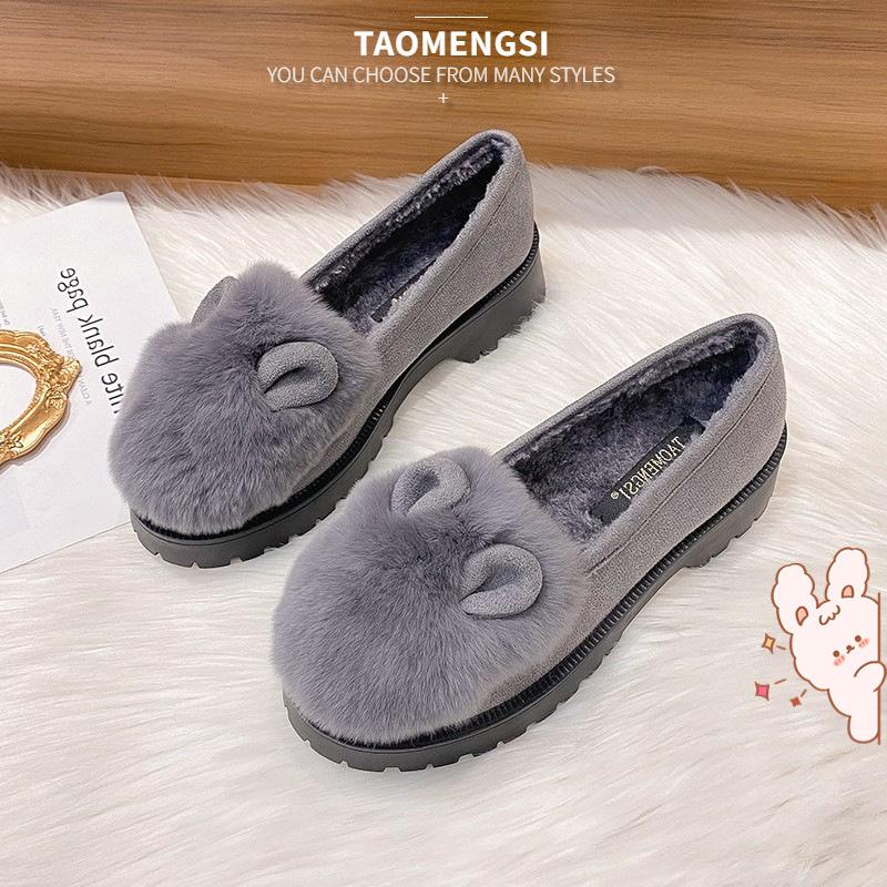 2025 Winter Loafers Women Thick Heel Warm Plush Women's Shoes Platform Thicken Rabbit Fur Cotton Shoes Indoor Home Shoes Women