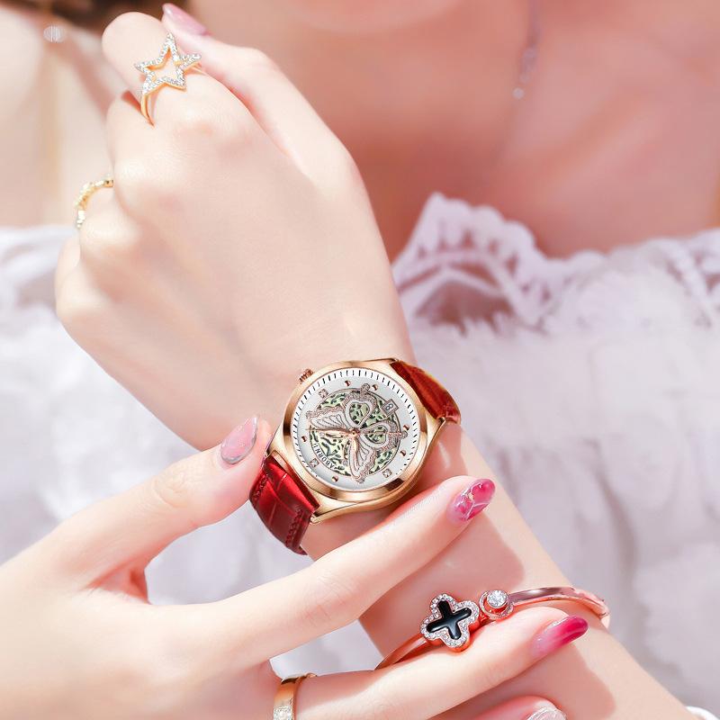 Damen Quarz Uhr Modisch Leuchtend Skelettiert Verträumt Schmetterling Wasserdicht Diamantbesetzt Kalenderuhr Weihnachtsgeschenk Uhr