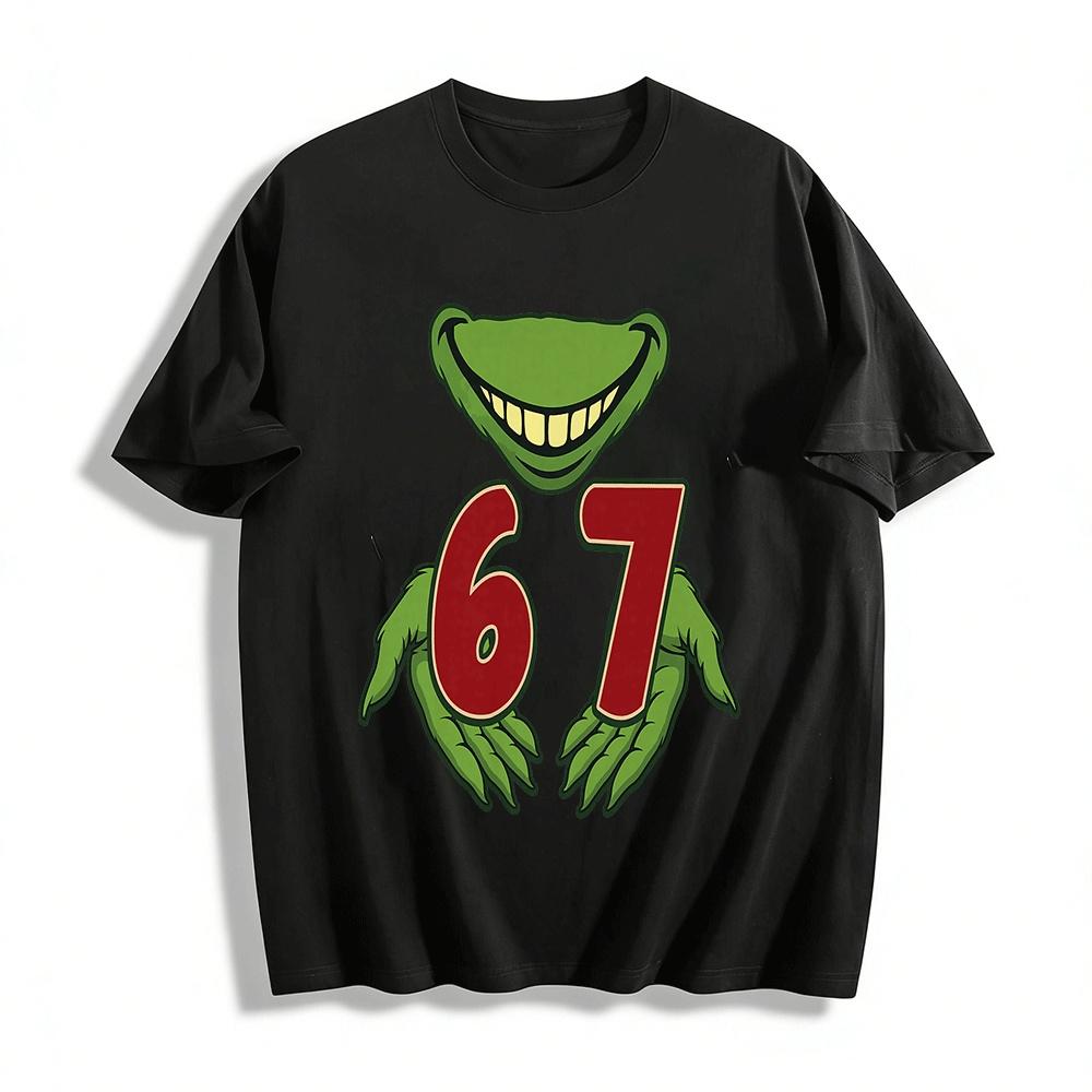 Funny Green Monster Holding Number 67 Graphic Casual T-Shirt Pure cotton T-shirt XXS
