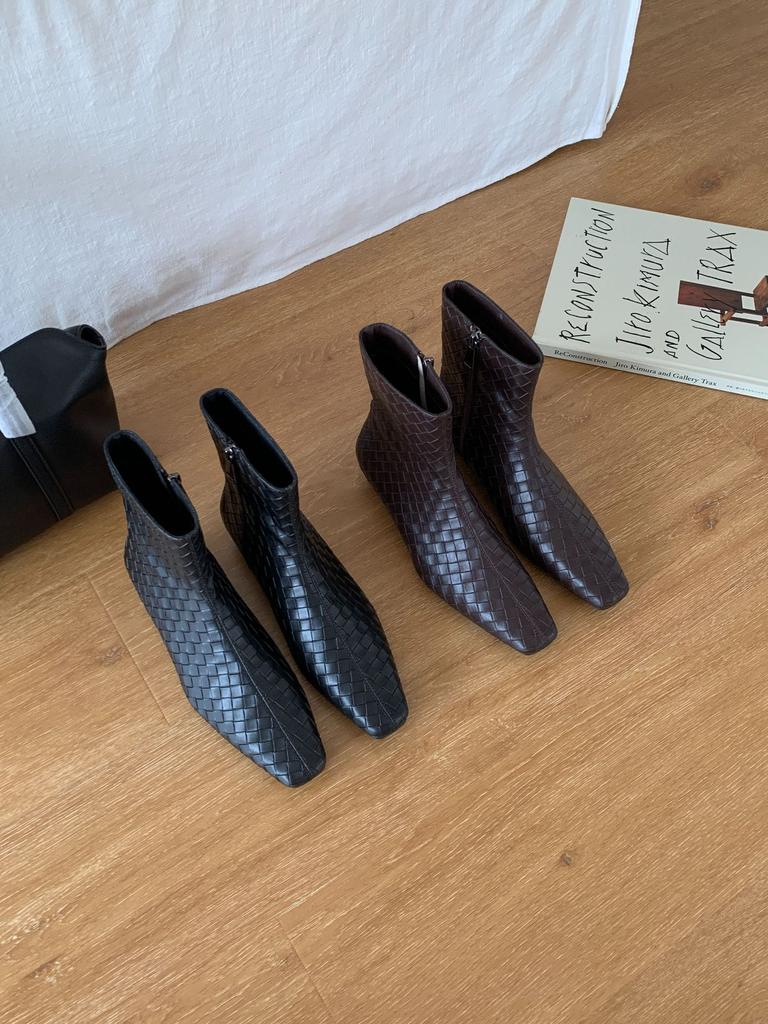 2025 autumn and winter new European and American woven loose sleeve low heel straight mid-tube boots fashionable square head short boots women