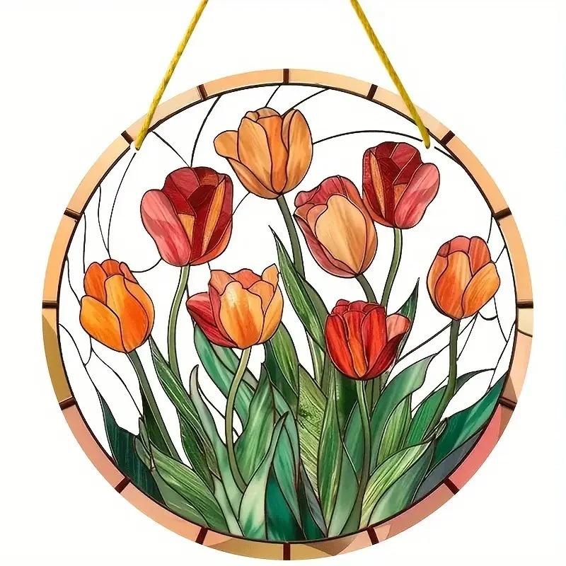 2D Flat Plants Flowers Round Acrylic Decoration Sign, Tulip, Home Decor Plaque Hanging Wall Art Decorative Garden Decoration for Room Door Signs Hangi