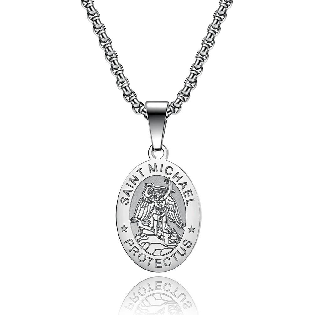Men's Summer Trendy Black Saint Michael Pendant Necklace