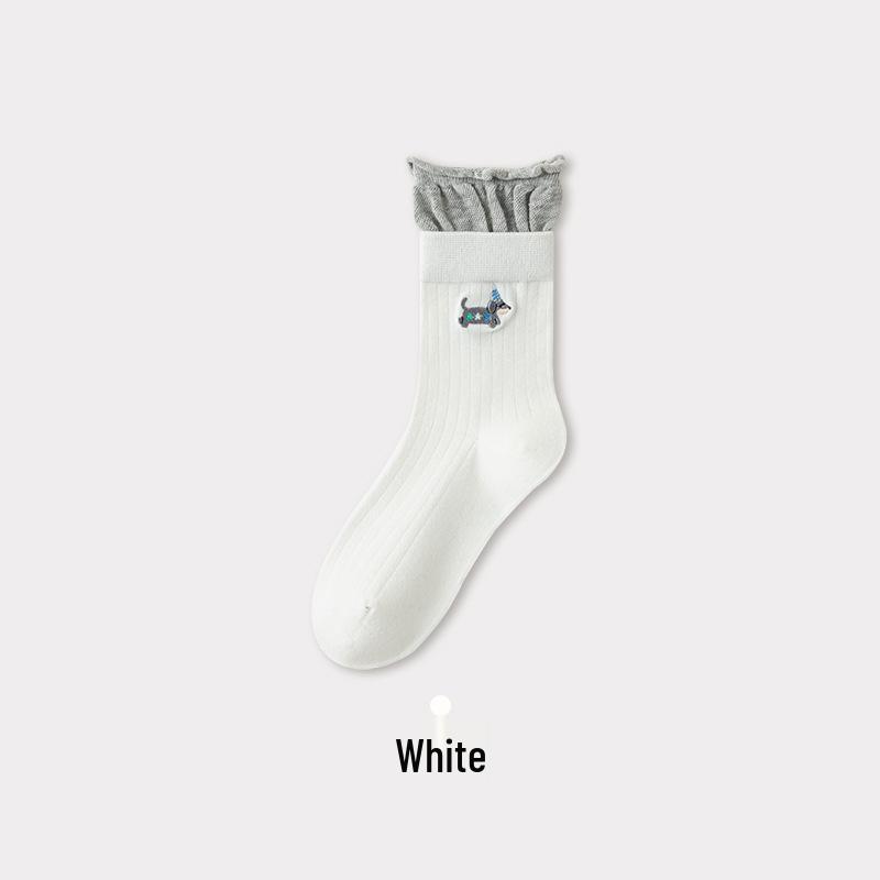 

Double-Ribbed Women s Mid-Calf Socks - Seamless Toe, Sweat-Wicking Cotton, Breathable, Black/White/Gray, Little Dog Embroidery One Size белый