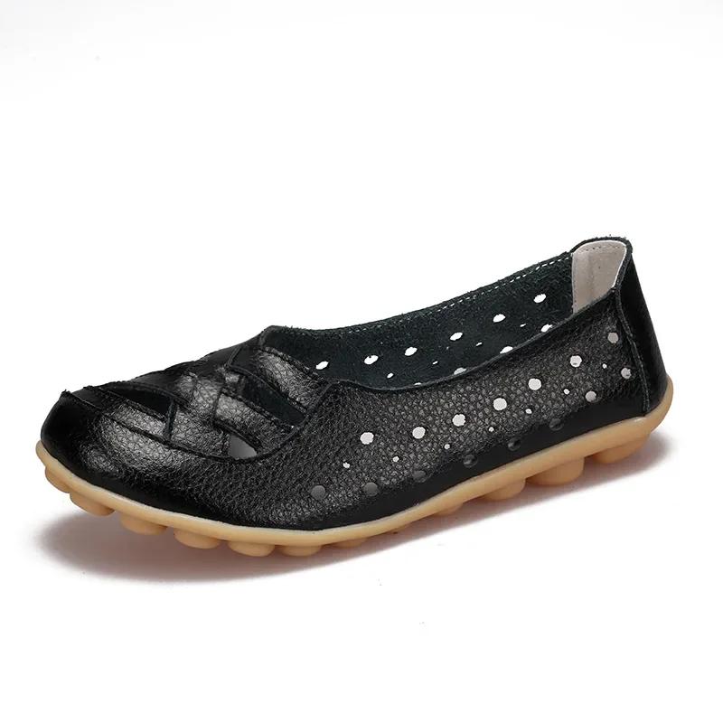 New Women Fashion Hollow Soft Sole Flat Heel Sandals Genuine Leather Casual Flat Daily Shoes Comfortable Footwear for Female