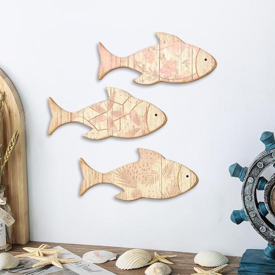 3Pcs/Set Wooden Fish Wall Decoration, Plants Pattern Fish Wall Art for Beach, Lake House, Nautical Coastal Ocean Theme Hanging Ornament