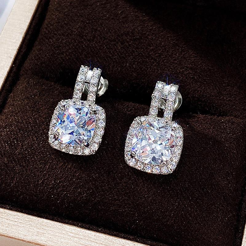 925 Silver Stud Earrings for Women Bling Bling AAA White Cubic Zirconia Statement Earrings Jewelry