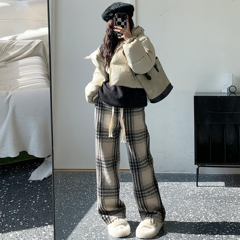 Woolen plaid pants women's spring new high-waisted coffee-colored casual straight-leg pants, thin and narrow wide-leg pants