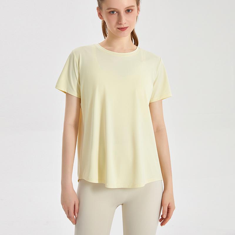 

LAHN Women s Quick-Dry Cooling Yoga Top - Short Sleeve, Loose, Breathable, Ice Silk, Sun Protection, Summer Style with Back Slit Large