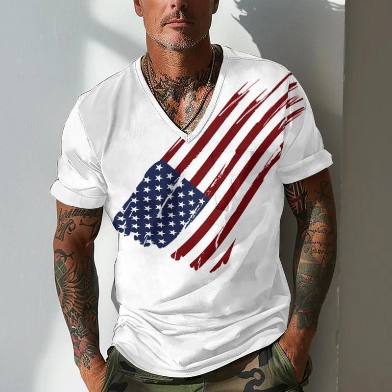 

Men American Flag Print T Shirt V Neck Short Sleeve Casual And Daily Wear S білий