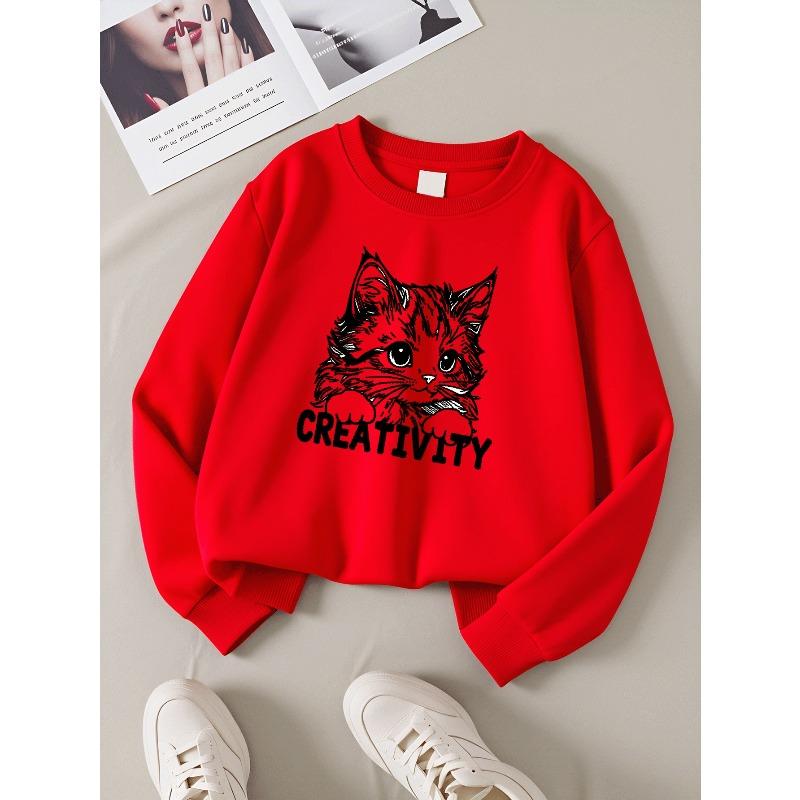 Girls' Round Neck Sweatshirt, Girls' Casual Printed Round Neck Pullover, Cute Cat Creativity Art Design