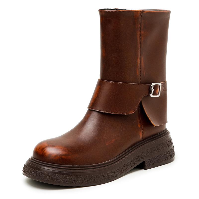 

Cowhide version~ Cai Wenjing same Martin boots 2025 new knight boots polished and old western cowboy boots short boots 35