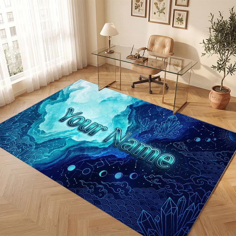 Space Cosmic Theme Crystal Velvet Floor Rug Personalized Custom Name Text Warm Carpet Home Decoration