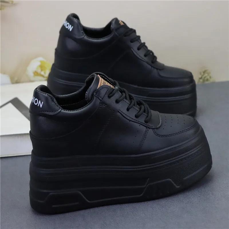 Fashion 12CM Platform Wedge Sneakers Microfiber Leather Comfy Breathable Skate Board Vulcanized Chunky Hidden Heel Block Shoes