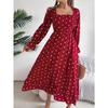 Women Casual European American Polka Dot Ruffled Square Neck Long Sleeve Flared Maxi Dress