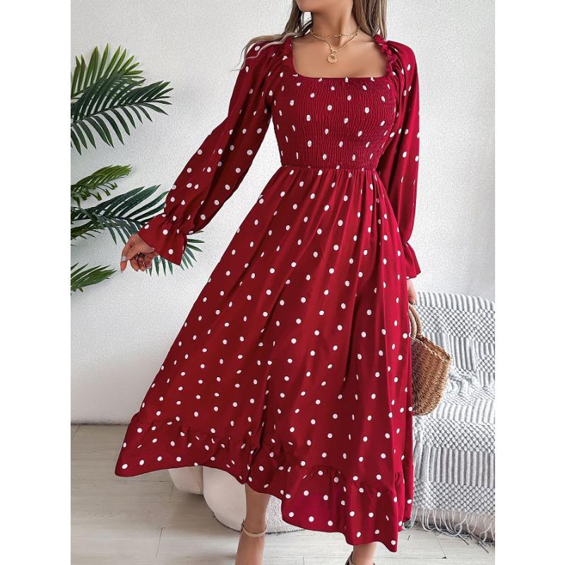 Women Casual European American Polka Dot Ruffled Square Neck Long Sleeve Flared Maxi Dress
