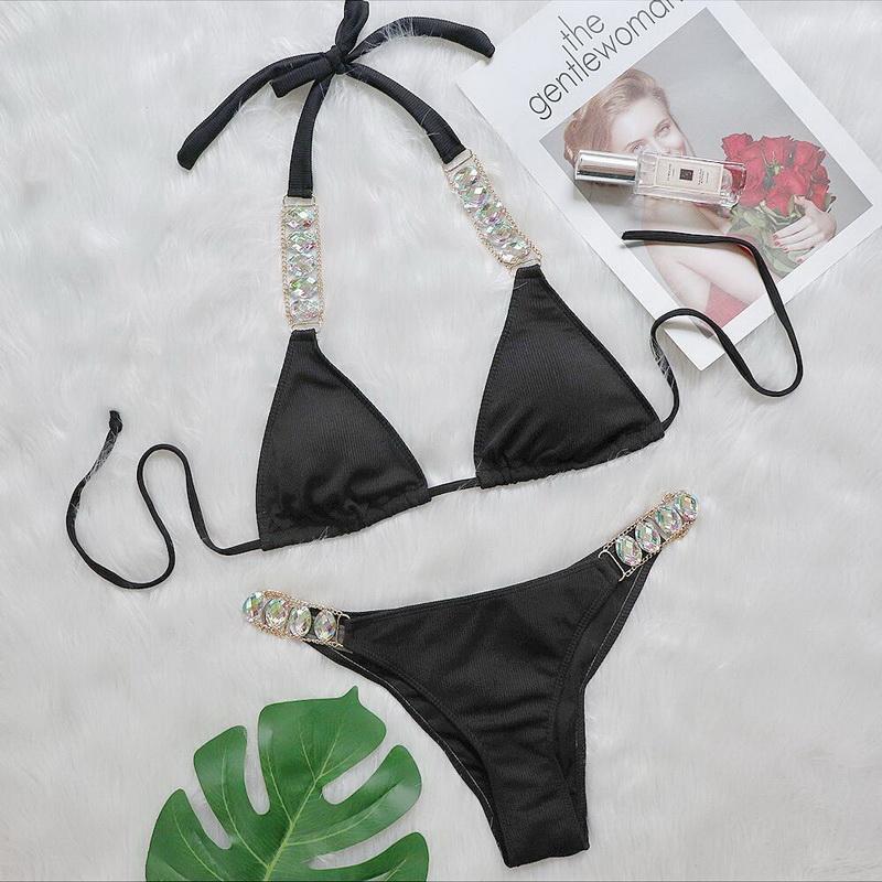 Kostium kąpielowy damski jednoczęściowy Para Praia, gładki, z wiązaniem 2026, luksusowy, kolorowy, z kryształkami, bikini damskie, zestaw bikini push-up, strój kąpielowy