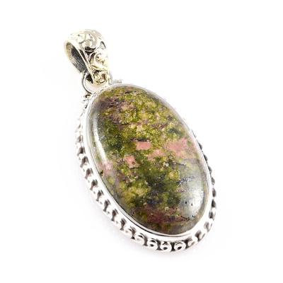 Natural Unakite Gemstone 925 Sterling Silver Jewelry Two Tone Pendant 1.6'' V1L19