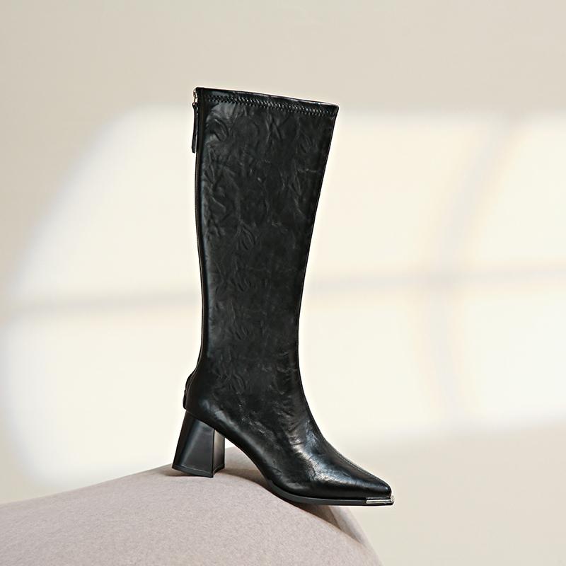 Módní kozačky nad koleno s špičatou špičkou Dámské 2025 Nové podzimní a zimní retro černé kozačky nad koleno na vysokém podpatku