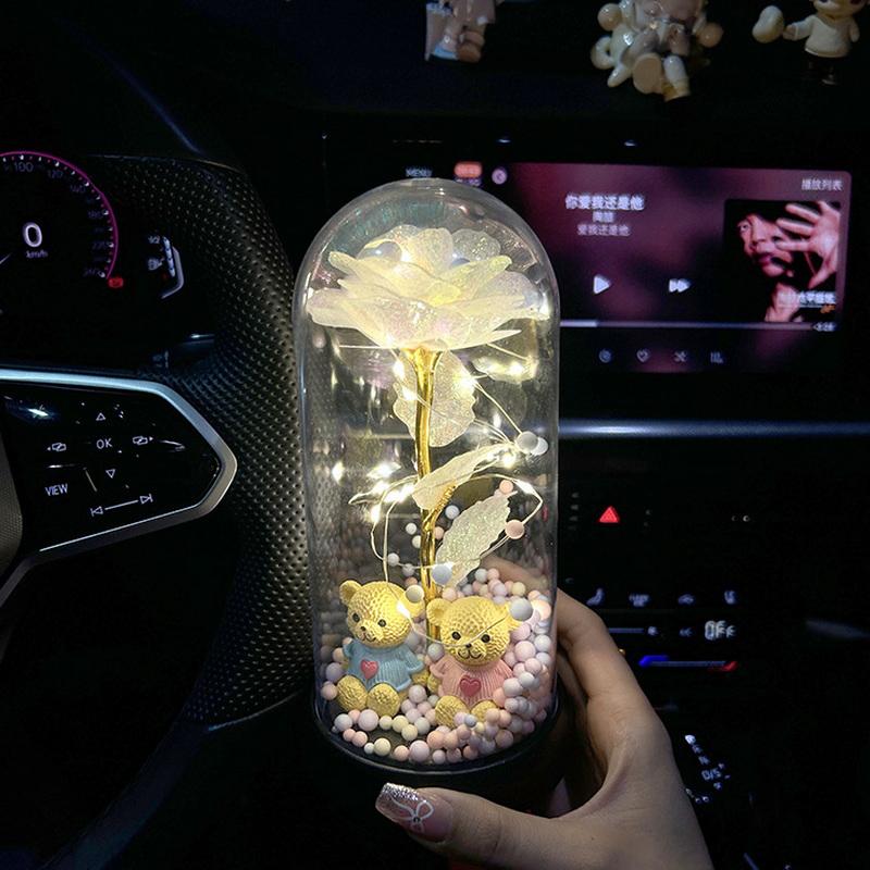 Eternal Flower Glass Lamp Plastic Cover Night Light Rose Simulation Flower With Bear Valentine Day Gift For Girlfriend