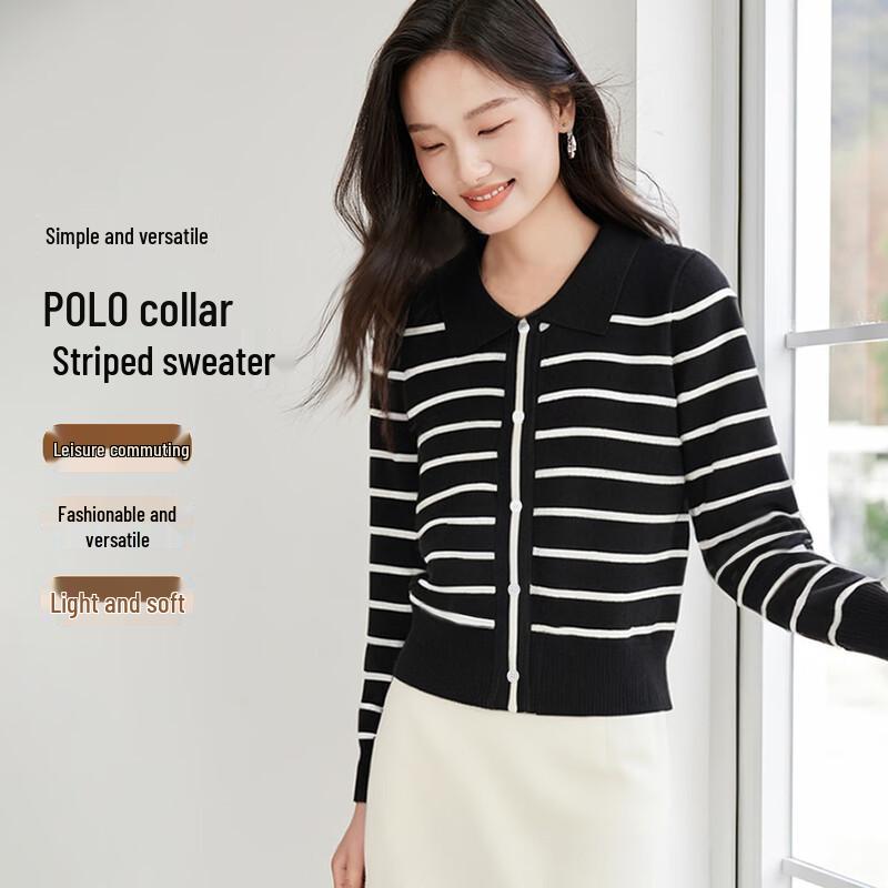 

Women s POLO Collar Striped Knit Top One Size F(170/88A)