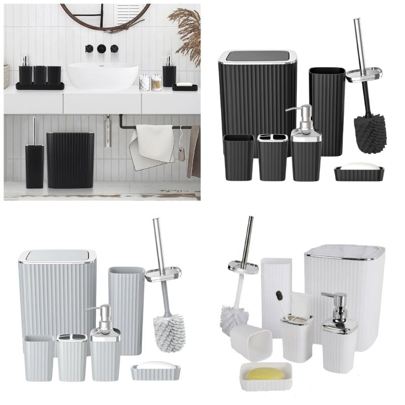 6Pcs Modern Bathroom Storage Set Includes Toothbrush Holder Hydraulic Liquid Dispenser Bottle Trash Can Cup Set