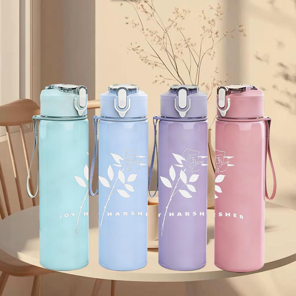 1PC Thin rose line sketch minimal print 750ml colorful plastic sports water bottle leakproof pop up lid with straw for outdoor work home use