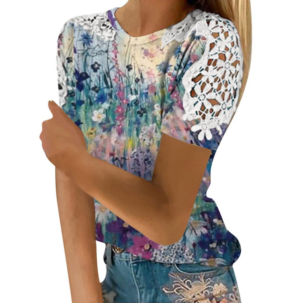 Women's Fashion Lace Hollow Print Round Neck Short Sleeve T-shirt Top