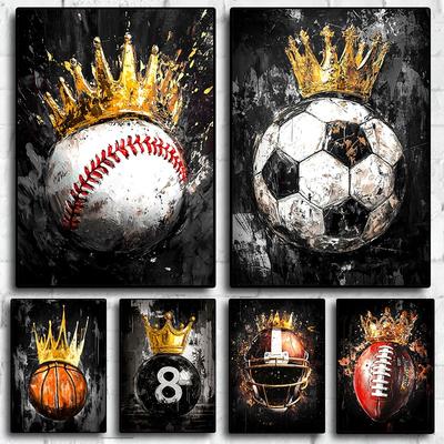 Piłka nożna Koszykówka Baseball Złota Korona Plakat Druk Malarstwo na Płótnie Graffiti z Piłką Sztuka Ścienna Obraz do Salonu Dekoracja Domu