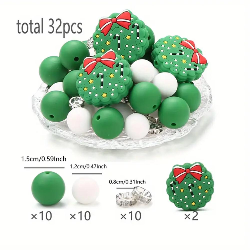 6/32PCS Multi-Size Christmas-Themed Silicone Beads Set, Perfect for DIY Crafting Keychains, Necklaces, Bracelets & More