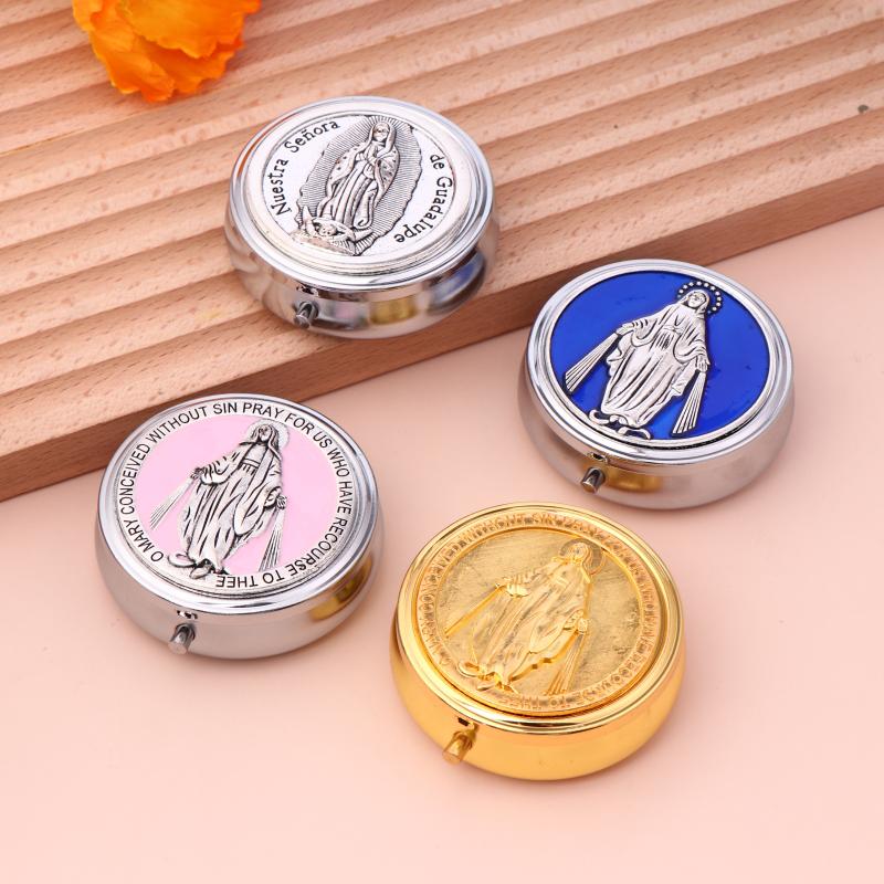 Retro Metal Holy Communion Saint Benedict Rosary Gift Boxes Round Religious Jewelry Packing Case