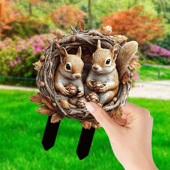 Cute Animal Garden Stake, 2D Acrylic Chickens Elephants Yard Art Stake, Waterproof Outdoor Squirrel Decoration for Lawn Flower Bed Planter Decor