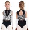 Kids Dance Leotard with Gloves Mock Neck Cutout Back Sparkling Sequins Color Block Performance Outfit