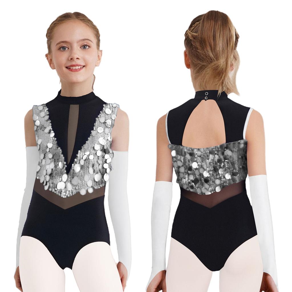 Kids Dance Leotard with Gloves Mock Neck Cutout Back Sparkling Sequins Color Block Performance Outfit