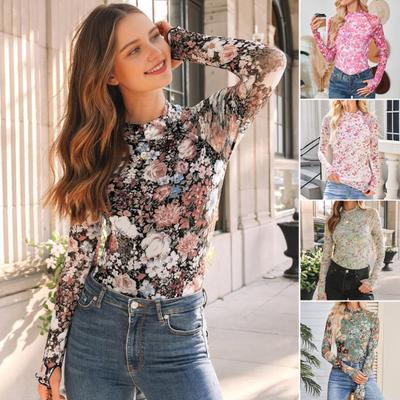 Women's Floral Mesh Long Sleeve Tops Sheer Mockneck Layering Shirt Slim Fit Fall Spring Going Out Outfit
