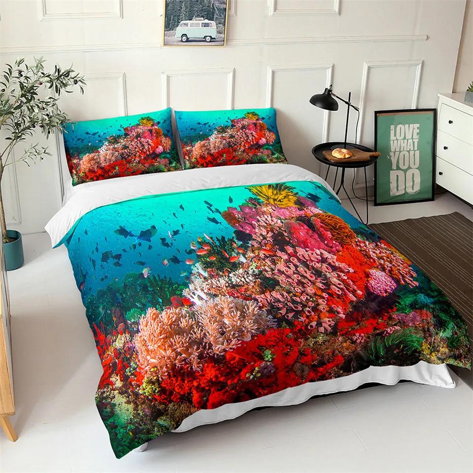 Comforter Ocean Blue Sea Fish 3D Printed Kids Bedding Set Queen King Nordic Ocean Landscape Soft Polyester Comforter