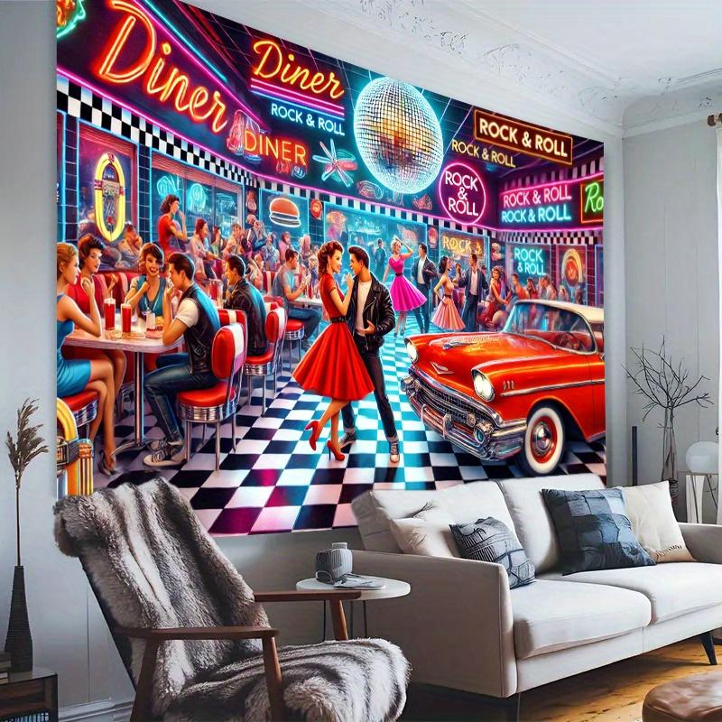 1 Vintage Restaurant Scene Photography Background - Rock Theme Vintage Car and Checkered Floor Design Rock Decoration