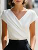 Women's V Neck Short Sleeve Blouse Pleated Detail Solid White Top
