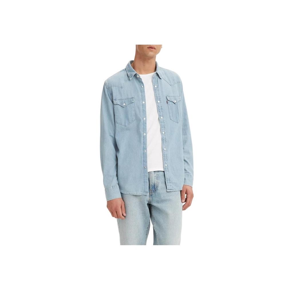 Levis SS22 Water Washed Solid Color Spliced Logo Long Sleeve Shirt Men shirts Blue 85745-0003