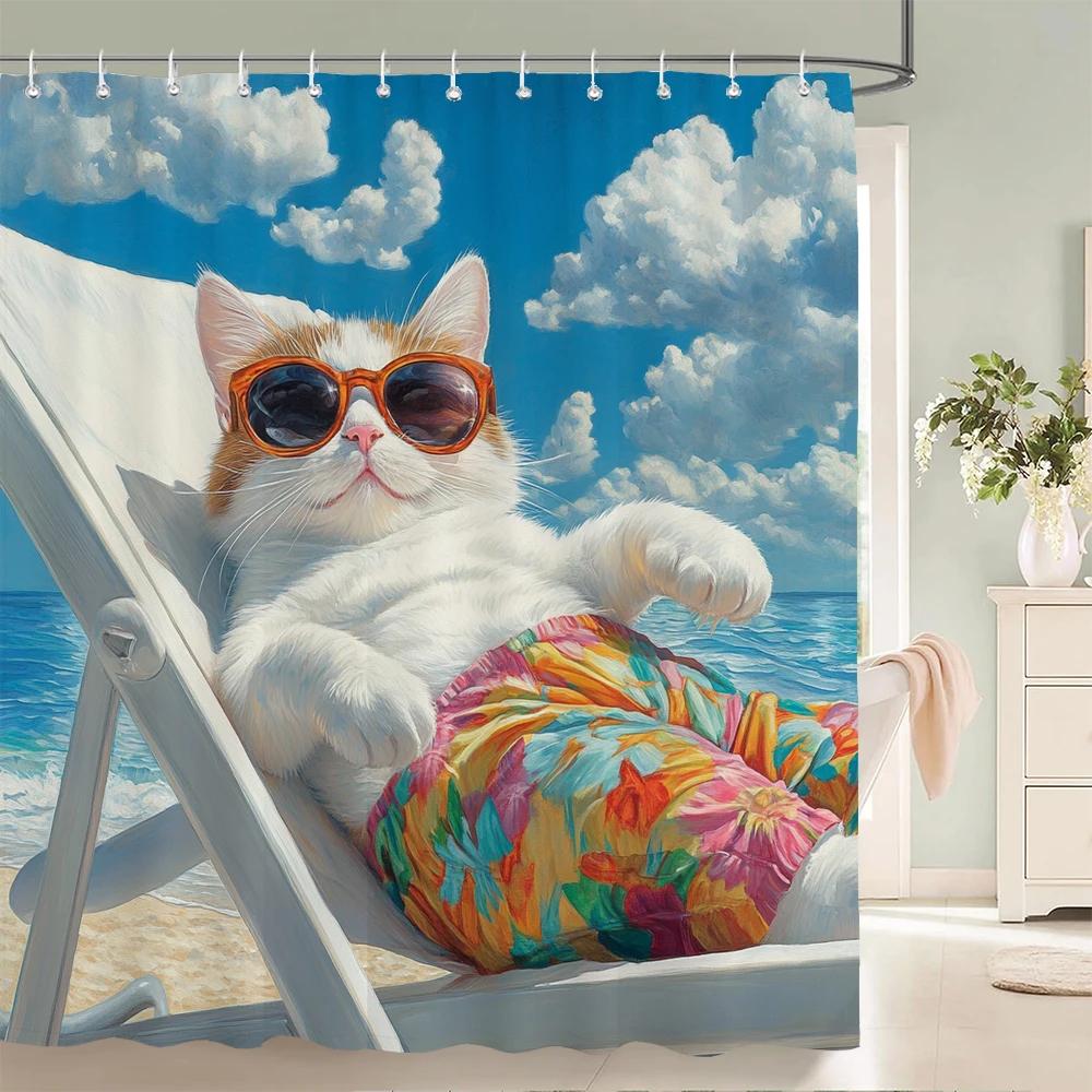 Funny Cat And Dog Shower Curtain Animal Beach Printed Bathroom Bath Curtain Home Decor With Hooks