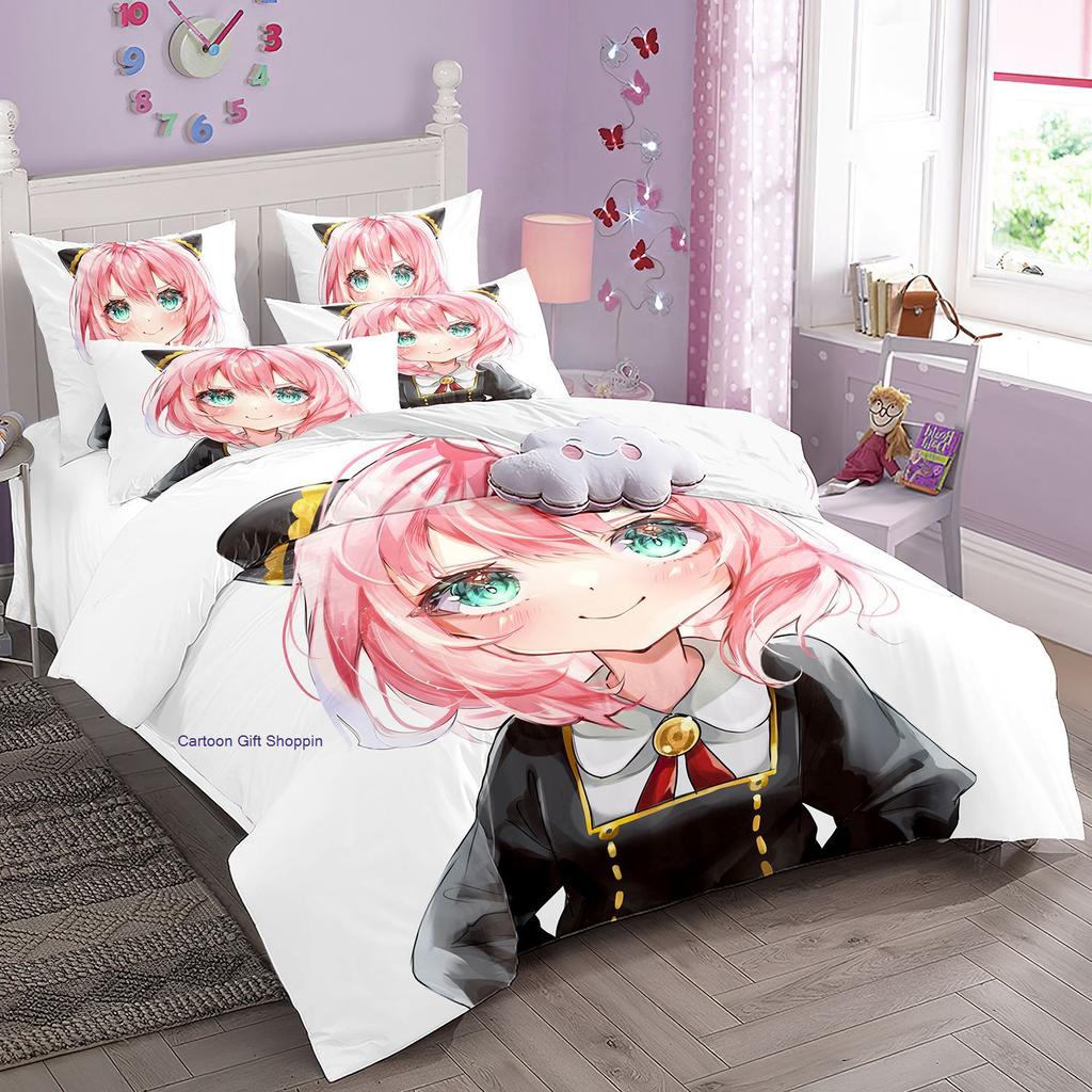 Anime Spy X Family Bedding Set Kawaii Loid Forger Anya Duvet Cover with Pillowcases Girls Boy Kid Set Quilt Cover Set