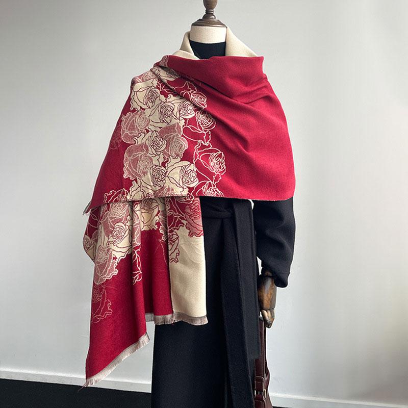 

Warm Faux Cashmere Shawl For Ladies Rose Cluster Elegant Scarf Color-Blocking Style Autumn And Winter New One Size