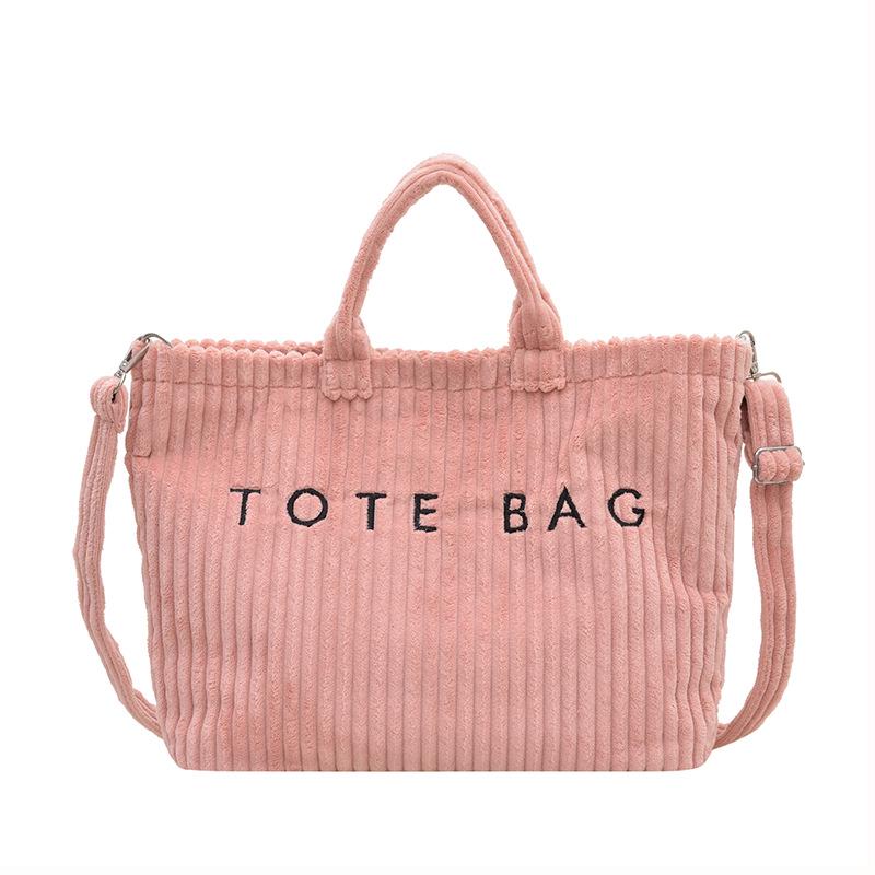 Women's 2025 Fashionable Corduroy Tote Bag with Letter Embroidery - Trendy Single Shoulder Handbag