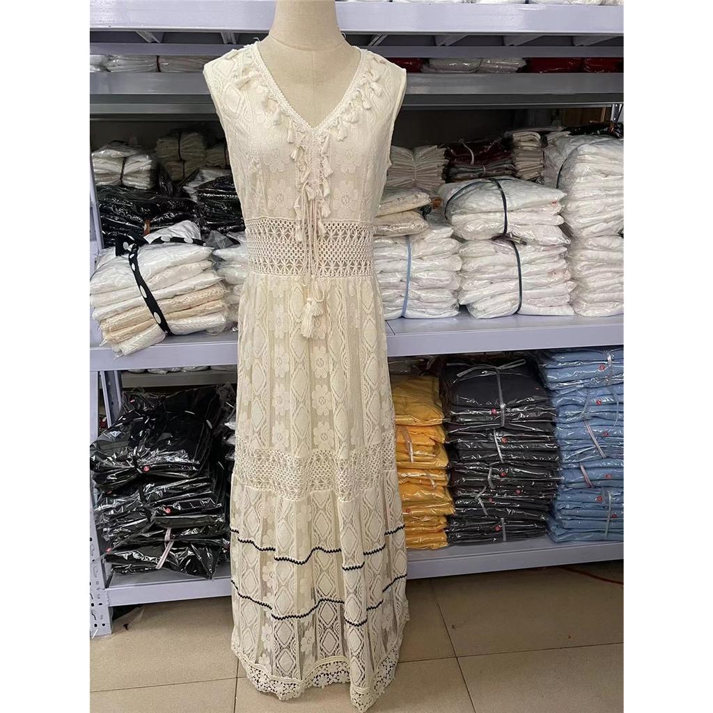 Ärmelloses V-Ausschnitt Böhmisches Langes Spitzenkleid für Damen