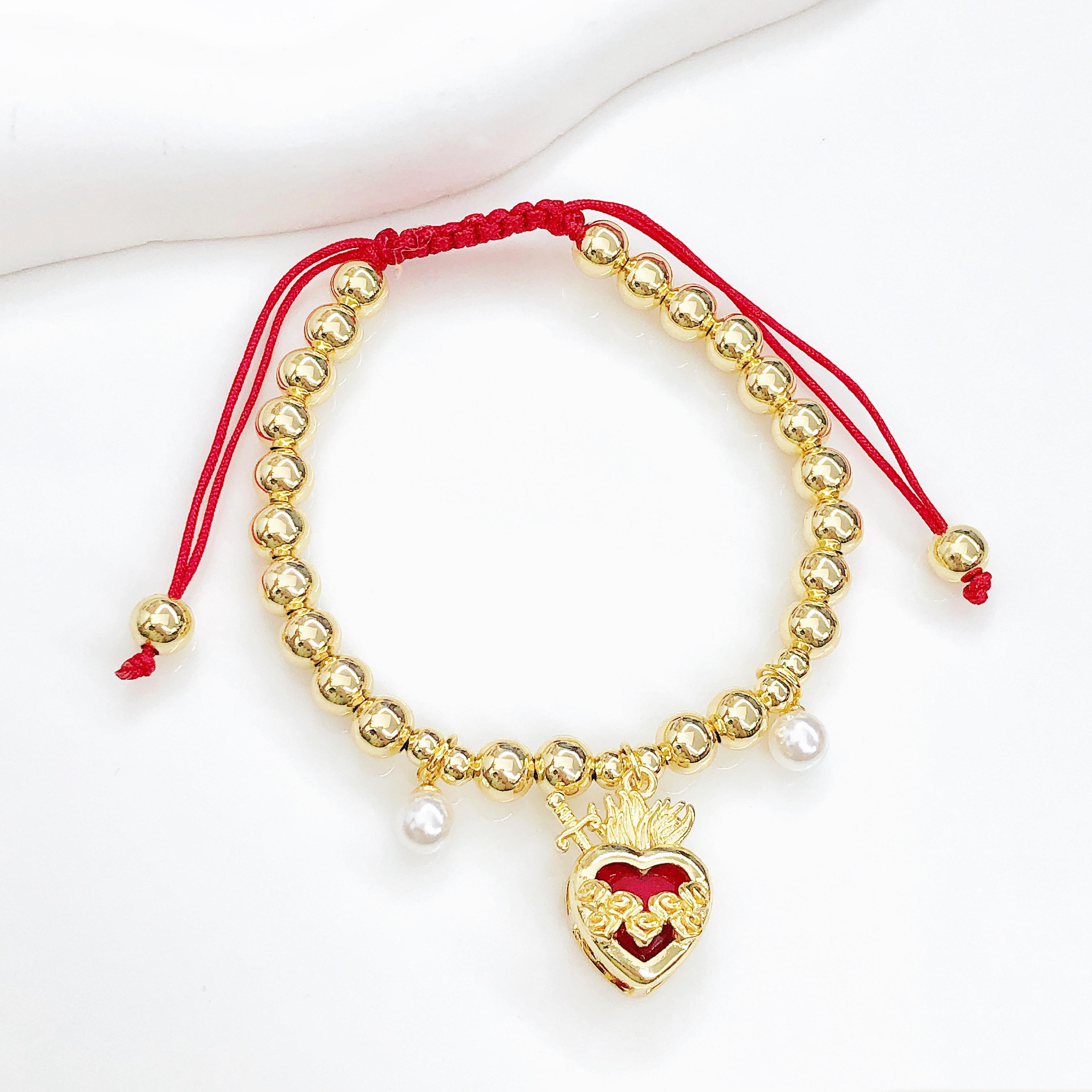 

Red Sacred Heart Of Jesus Cross Zircon Copper Bead Chain Bracelets For Women Men Trendy Gold Plated Religious Zircon Gifts