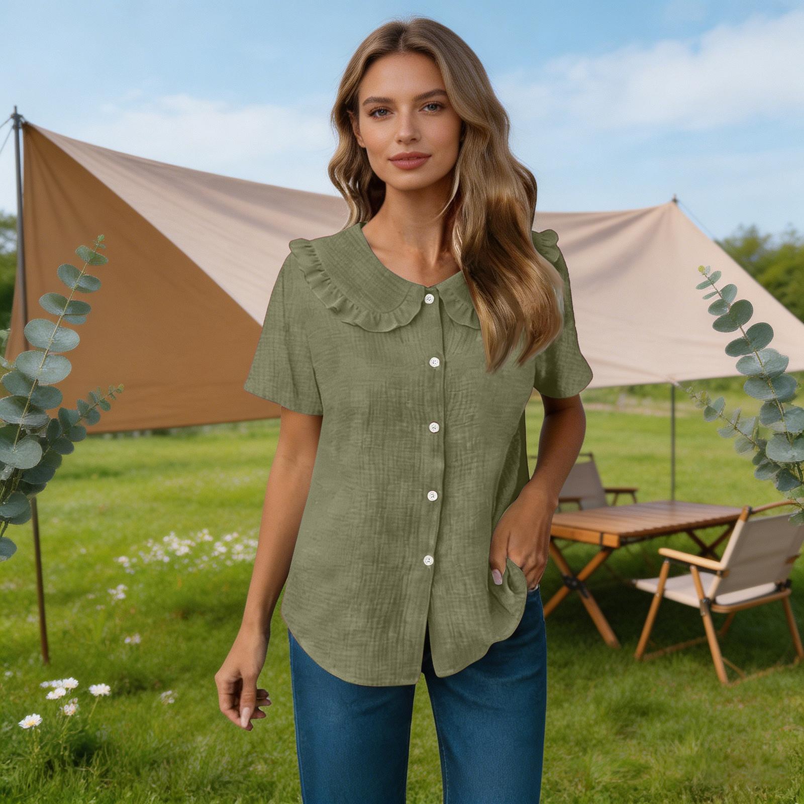 

Women Summer Short Sleeve Shirt Dress Style Blouse Ruffle Collar Button Front Closure Casual Loose Fit Textured Top L