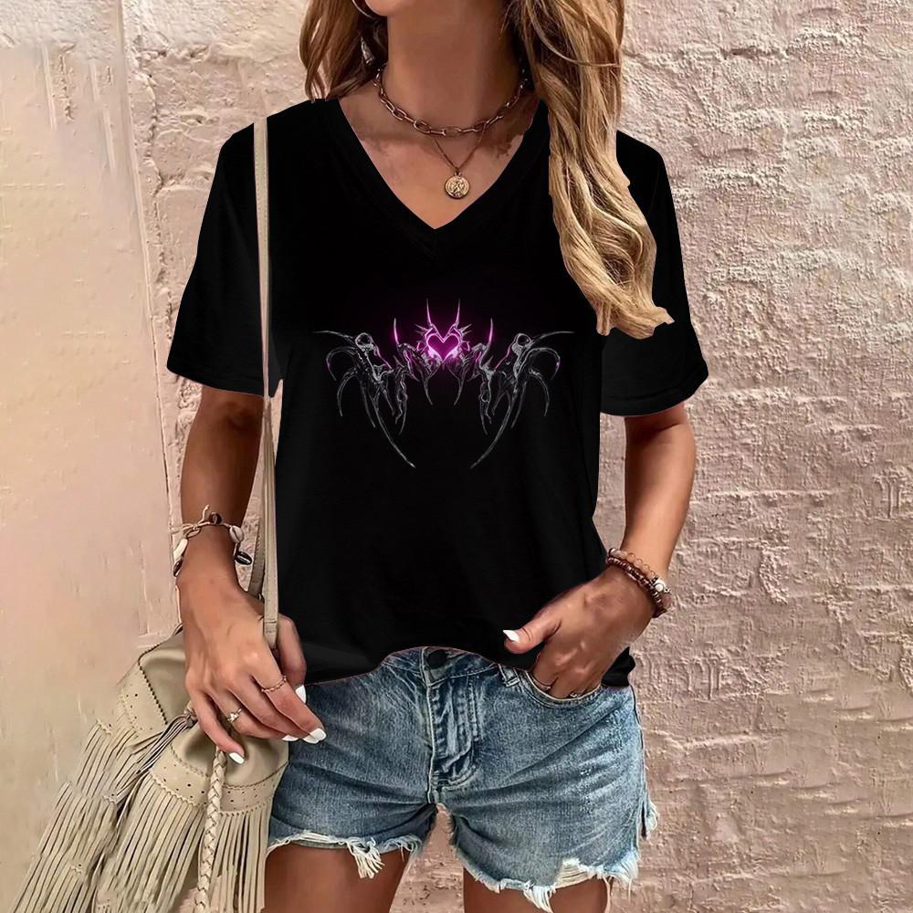 Daily Lightweight Women's V-neck Short Sleeved Top Fashionable And Comfortable Street Butterfly Pattern Printed Large T-shirt